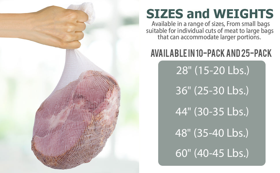 Eselect 36" Stockinette Ham and Meat Bags - Pack of 10 - Meat Netting, Bags for Smoking and Curing Poultry, Beef, Bacon Pork, Lamb, Deer and More