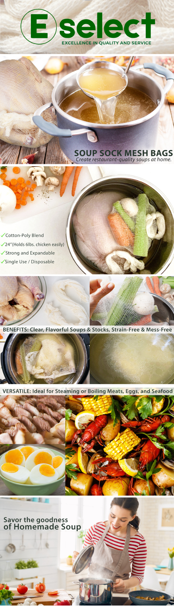 Eselect 24” Soup Socks - Pack of 25, Cooking Bags for Making Flavorful Soup Stock, Broth & Stew, Clam Bags, Steamer & Boiling Bags, Food Storage Bags