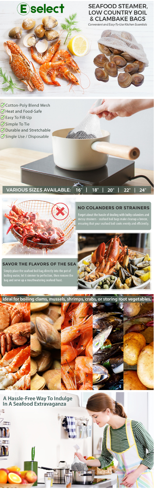 Eselect 24" Seafood Boil & Steamer Bags - Pack of 25, Seafood Boiling Bags for Crab, Crawfish, Shellfish - Low Country Boil, Clambake, Crab Boil, Soup Stock Socks, Vegetable Storage Bags