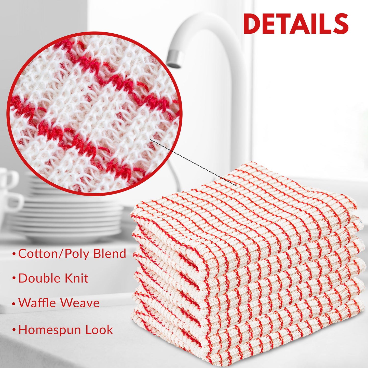 Eselect World's Best Kitchen Dish Cloths - Set of 6 Red Dishcloths for Washing Dishes - Absorbent Poly Cotton Waffle Weave Dish Rags, Made in USA