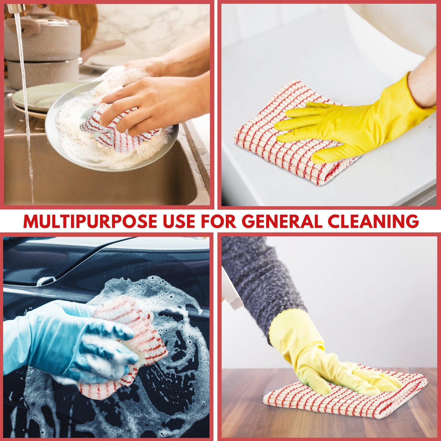 Eselect World's Best Kitchen Dish Cloths - Set of 6 Red Dishcloths for Washing Dishes - Absorbent Poly Cotton Waffle Weave Dish Rags, Made in USA